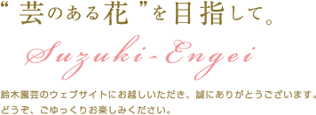 “芸のある花”を目指して。鈴木園芸 鈴木園芸のウェブサイトにお越しいただき、誠にありがとうございます。
どうぞ、ごゆっくりお楽しみください。